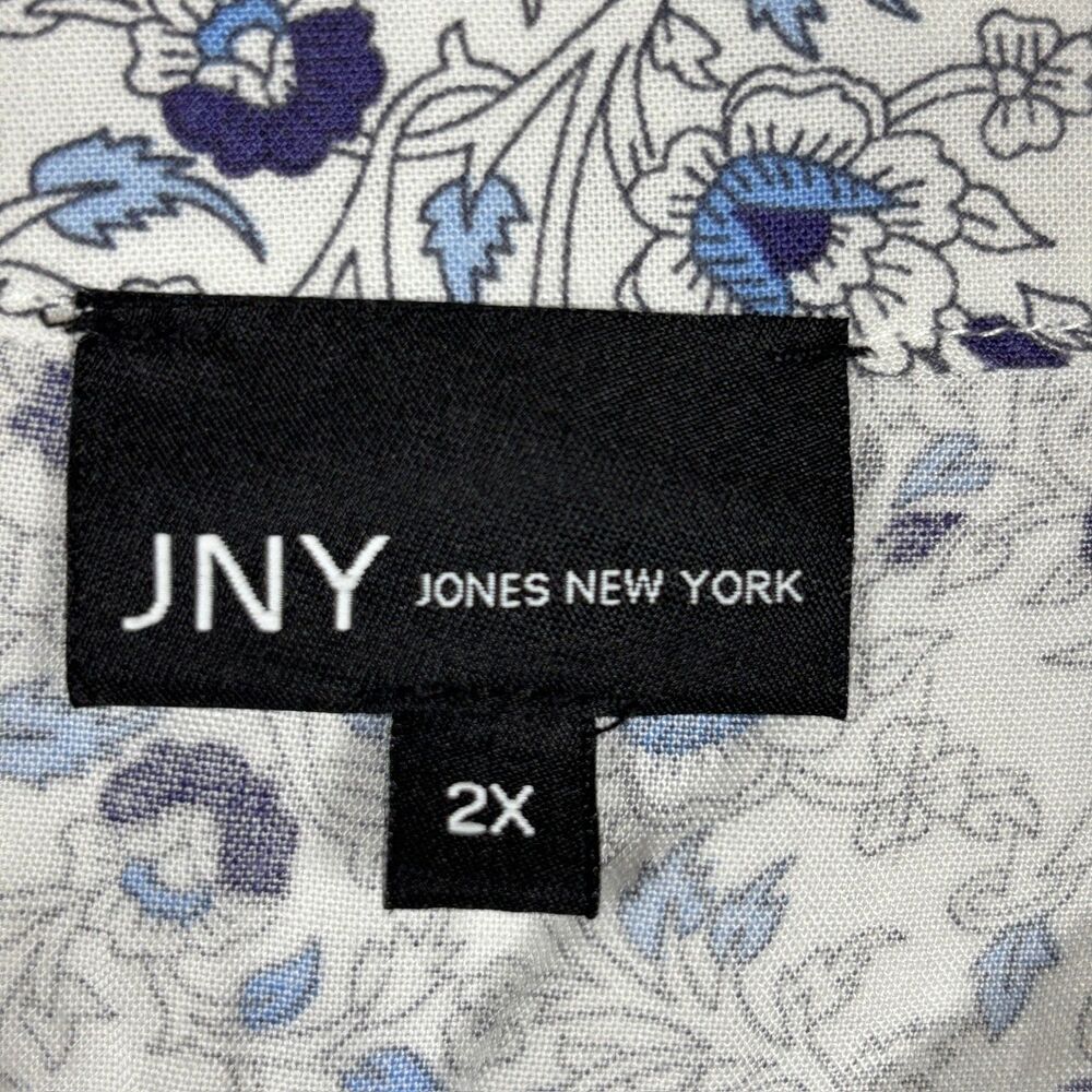 Jones New York JNY Floral V Neck Blouse 2X Blue White Tie Sleeve Boho Coastal - Picture 3 of 11